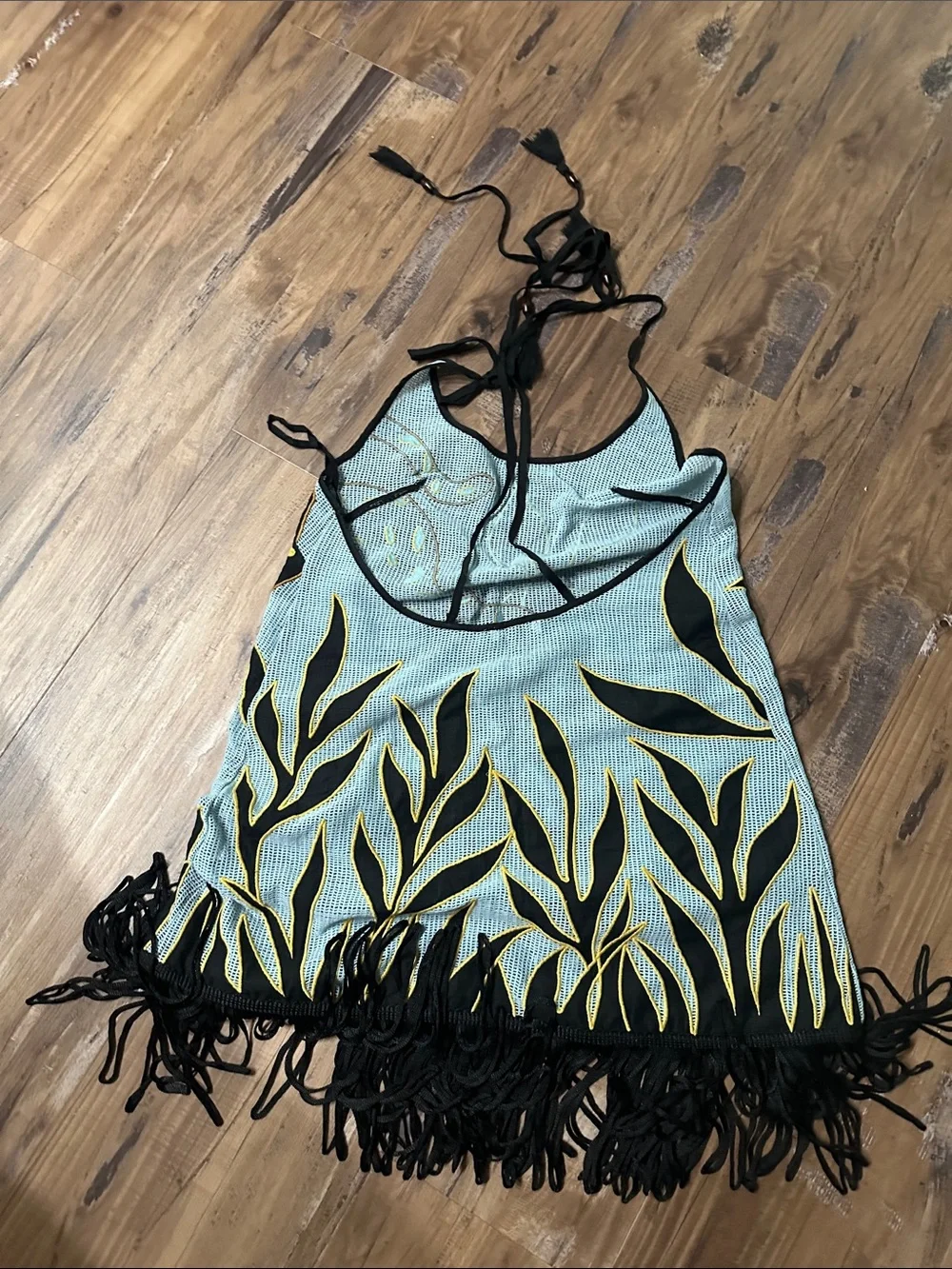 Celadine for anthropologie Black & Light Blue Leopard Fringe Tank Dress